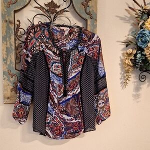 Gibson Latimer Colorful Paisley and Black Blouse. NWOT Size MEDIUM